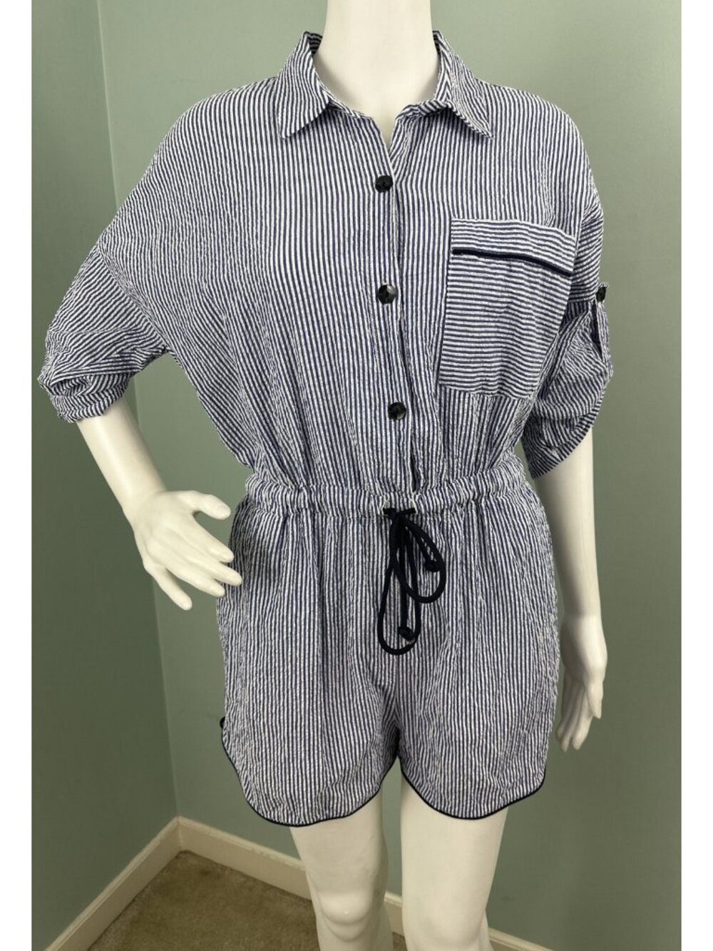 Women's Zara S/S Blue/White Striped Seersucker Button Top Shorts Romper Sz Small